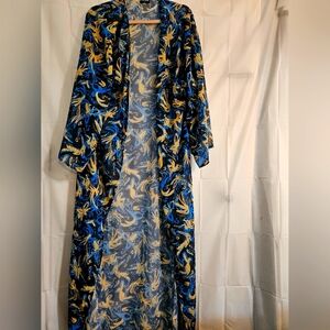 3 Piece Swimwear: Blue and Yellow Patterned Kimono. 2pc Swim Suit And Cover Up.